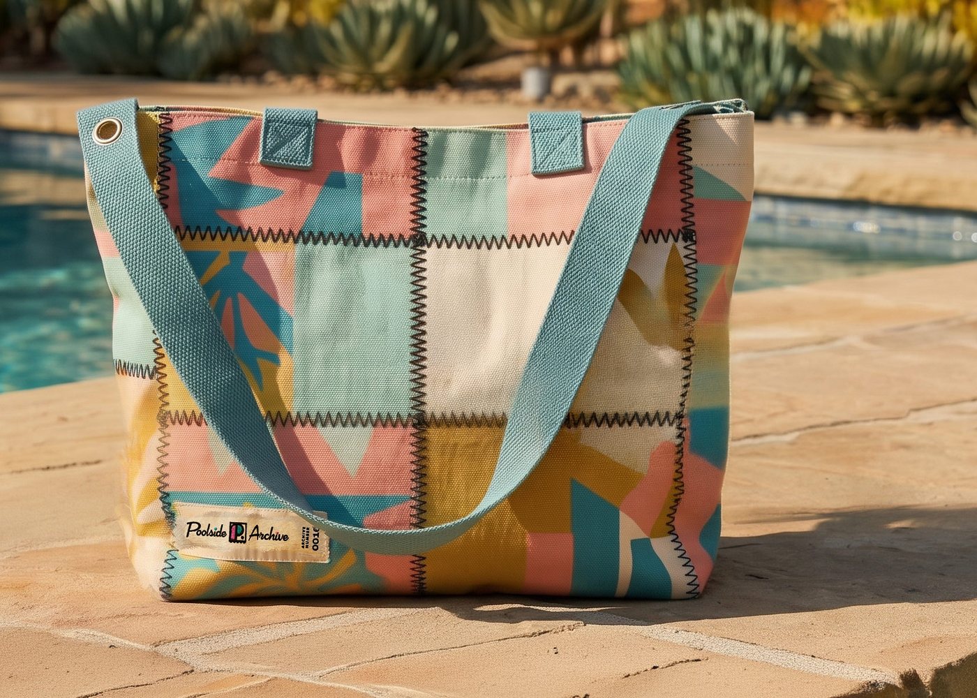 The coordinating Poolside Archive carry tote in patchwork canvas, standing on the pool coping.