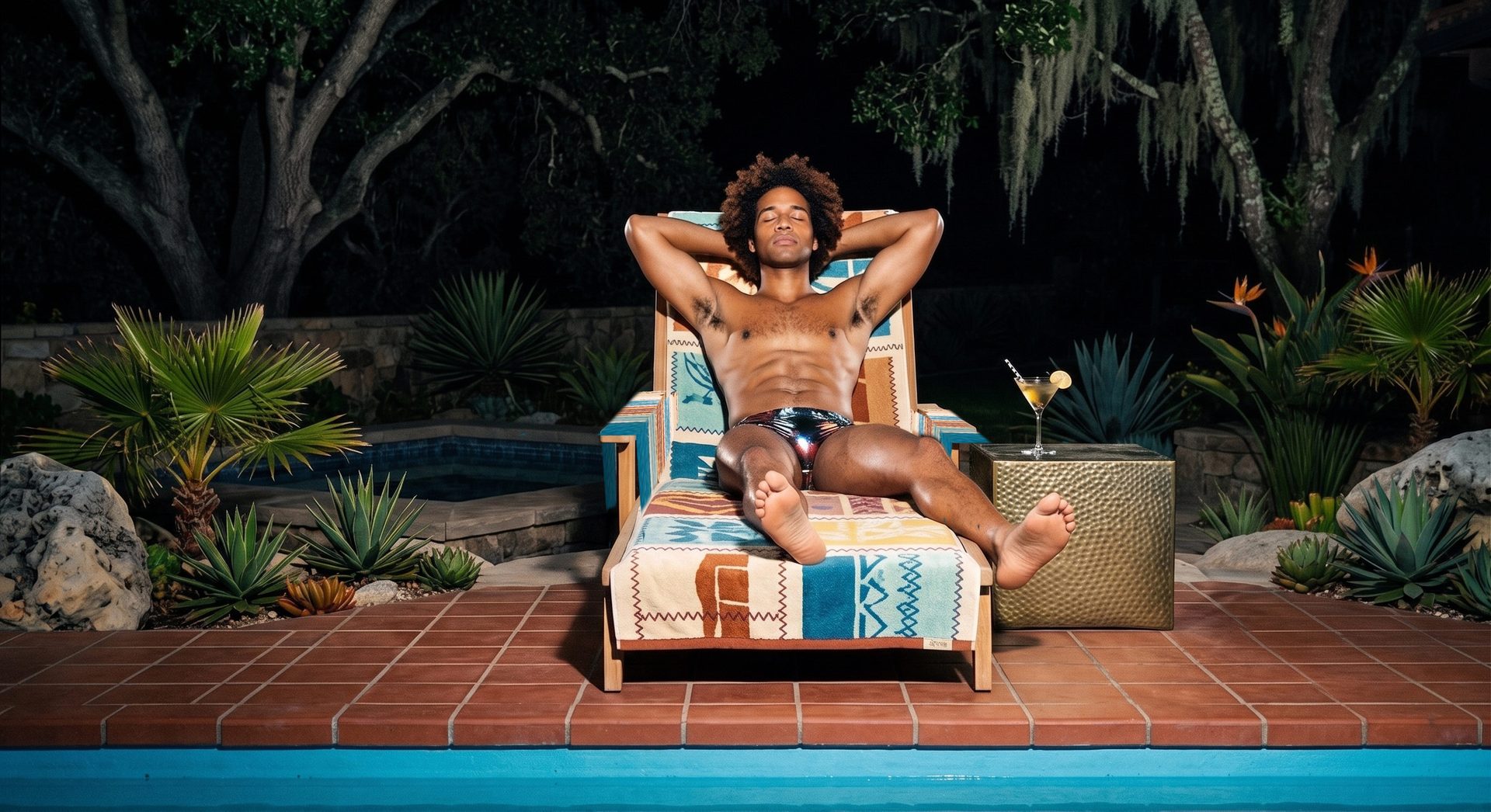 A man reclines on a chaise draped with a Poolside Archive Lounger beside a pool at night, a martini on the side table.