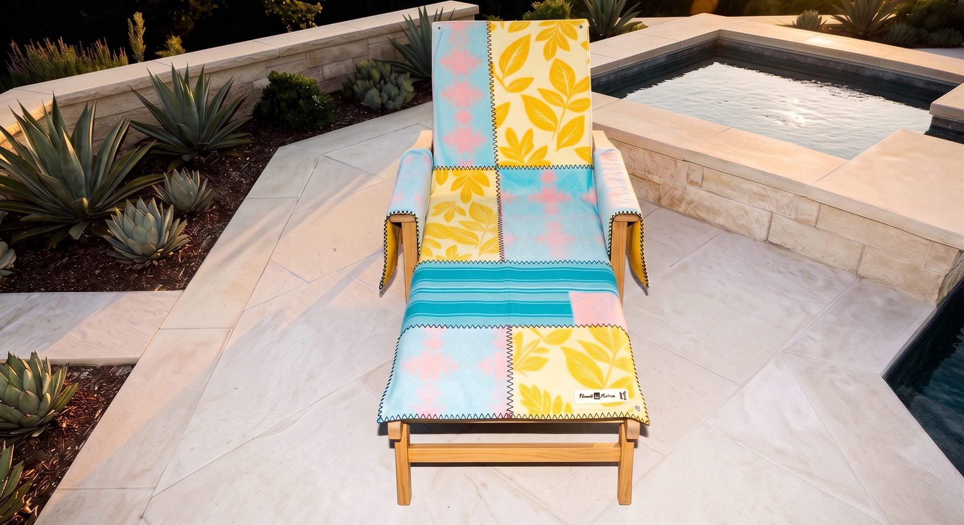 The Poolside Archive Lounger seen from above, draped over a chaise beside a spa at golden hour.