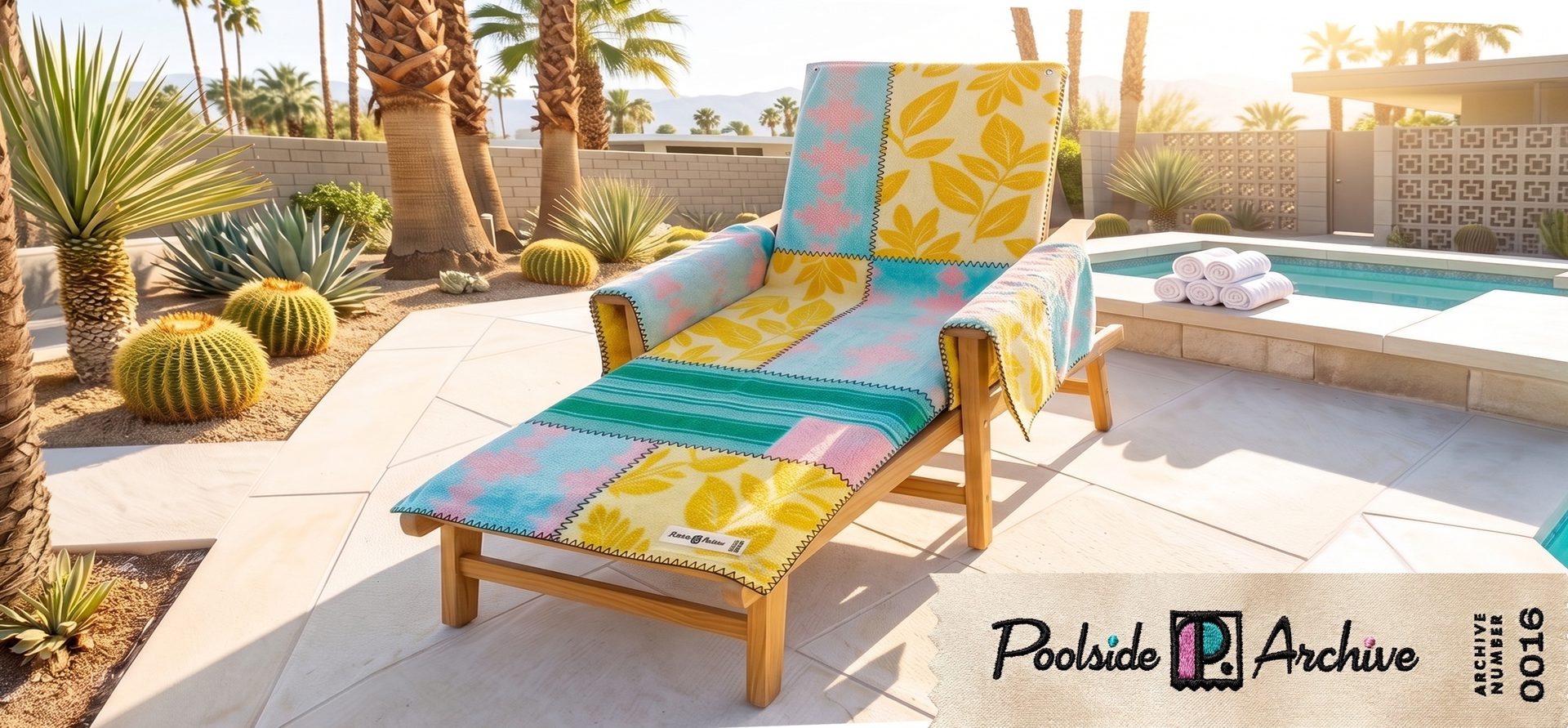 The Poolside Archive Lounger fitted over an empty chaise in a sunlit Palm Springs garden.