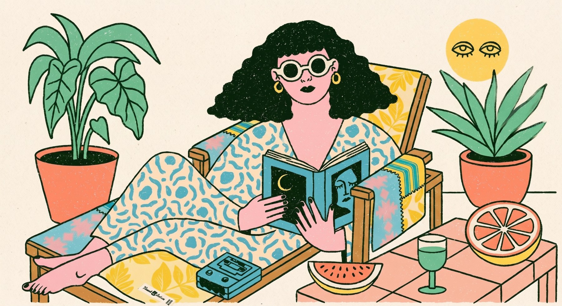 An illustration of a woman in sunglasses reading on a chaise draped with a Poolside Archive Lounger, framed by potted plants, a sliced grapefruit and watermelon, a cassette player, and a smiling sun.
